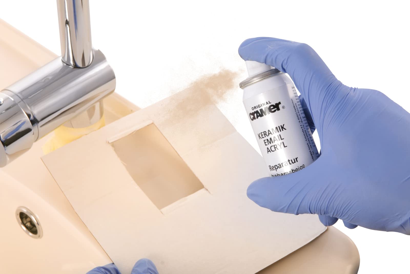 Cramer Reparatur-Set für Keramik, Emaille & Acryl, Bahama-Beige, CRA16250DE, bei Abplatzungen & Kratzern, Set: 2-Komponenten-Spachtelmasse, Härter, Reparaturlack, Spachtel, Schleifmittel, 66105 8