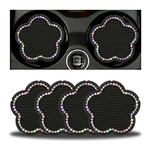 BELOMI 4PCS Bling Car Cup Holder Coaster, 2.75 Inch Crystal Anti-Slip Vehicle Cup Holder Insert Coaster, Rhinestone Cute Plum Blossom Pattern Auto Drink Mat, Universal for Women Girls(Multicolour)