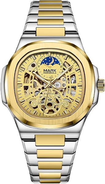 Automatic Watch Men Fashion Moon Phase Dial Butterfly Ring Watch Stainless Steel Waterproof Skeleton Mechanical Watch Men, gold, Fashion