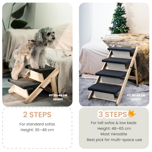 MEWANG Wood Pet Stairs & Ramp for Small/Medium Dogs and Cats, Aging Pets – 3-in-1 Foldable, Portable, Non-Slip Pet Ladder for Tall Beds, Couches,Cars–Holds Up to 220 lbs (31.5" L x 17.2" W x 25.0" H)