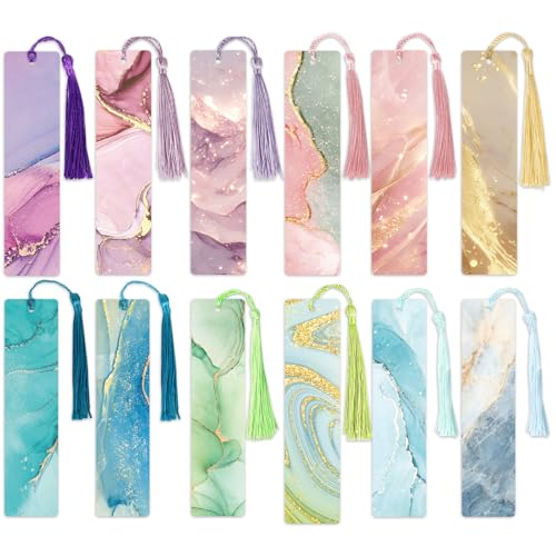 12 Pcs Marble Paper Bookmarks with Tassels Aesthetic Book Marks for Women Teachers and Students Book Lover Gifts