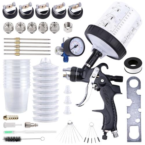 Image of HVLP Spray Gun with 10Pcs 600ML Disposable Paint Cups, Automotive Gravity Feed Paint Spray Gun Kit with Air Compressor Regulator for Auto (Black) (Black)
