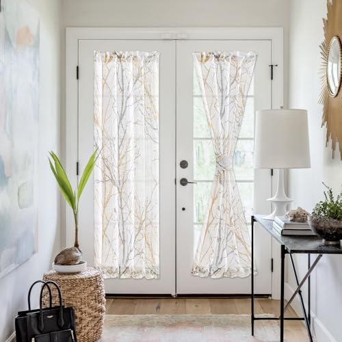 Image of FMFUNCTEX French Front Door Curtains for Glass Door Curtains 72 Inches White Semi-Sheer Window Curtain Yellow and Grey Branch Print Curtain for Patio Door with Tie-Back 50 Inches Wide 1 Panel