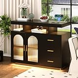 FREDEES LED Küchenschrank mit Ladefunktion, küchenbuffet mit 3 Schubladen und RGB Licht, Holz Sideboard mit Regal Kapazität für Esszimmer/Wohnzimmer/Küche(Schwarz)