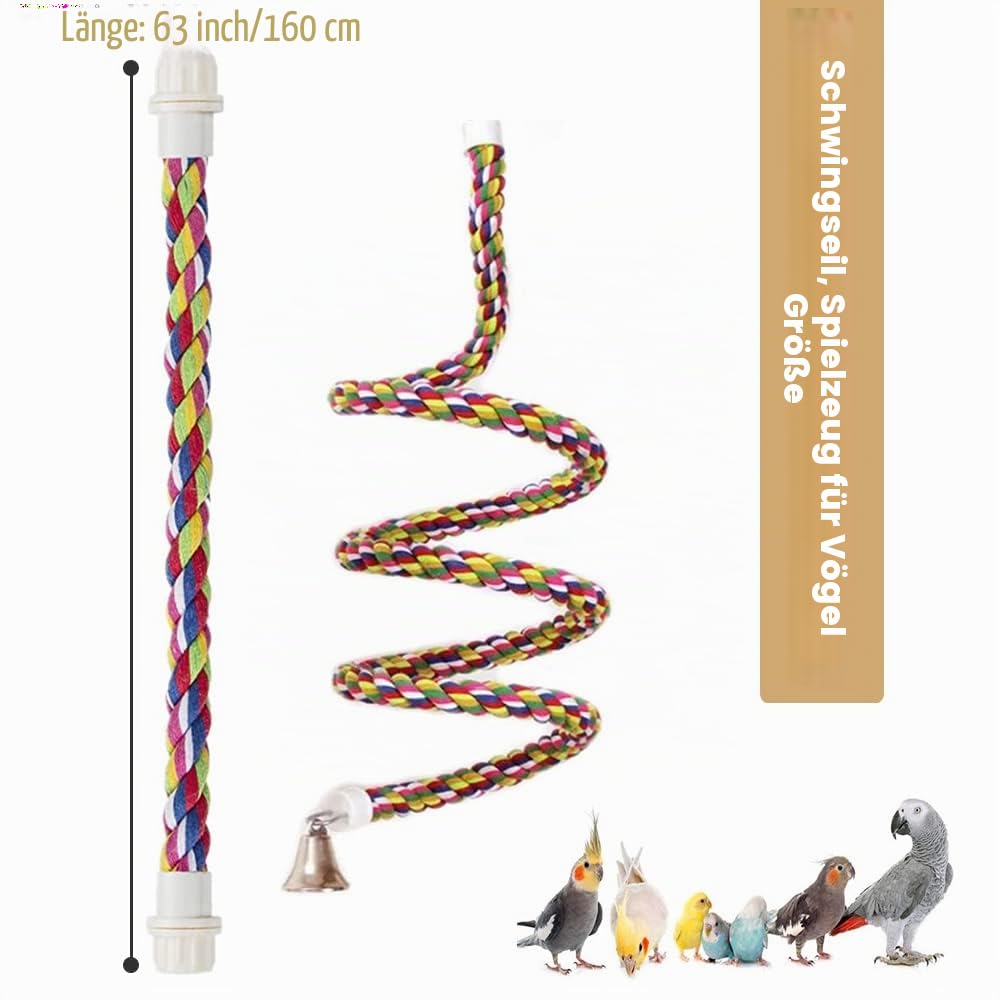 ASOCEA Vogel Seil Sitzstangen,160cm Vogel Kletterseil mit Glocke Bunte Spirale Baumwollseil Durchmesser 18mm Papageienspielzeug für Wellensittiche, Nymphensittiche und Alle Vögel