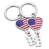 2x Heart Key Shape USA US American Flag Patriotic Keychain Ring - Set of 2
