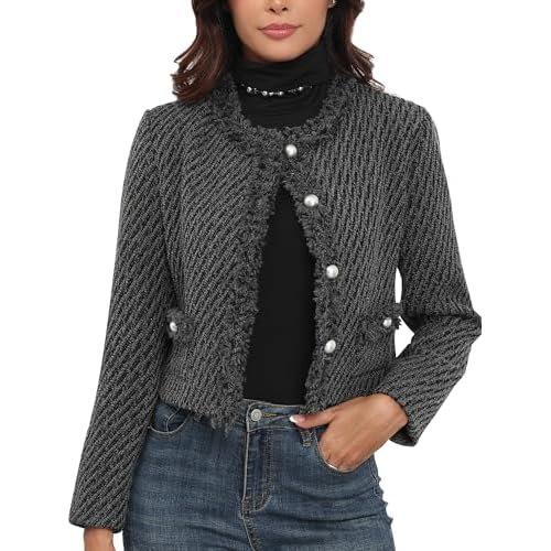 M.Infisavo Tweed Blazer Jackets for Womens with Pockets, Cropped Long Sleeve Open Front Collarless Elegant Casual Cardigan Grey XX-Small
