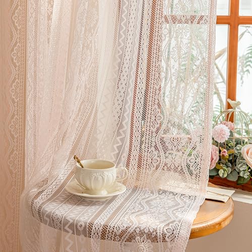 Image of MYSKY HOME Pink Lace French Door Curtains 72 inch Long 2 Panels Boho Sheer Floral Curtains for Door Window Scalloped Doorway Sidelight Curtains Come with 2 Matching Tie-Backs, 26 inch Wide Each Panel