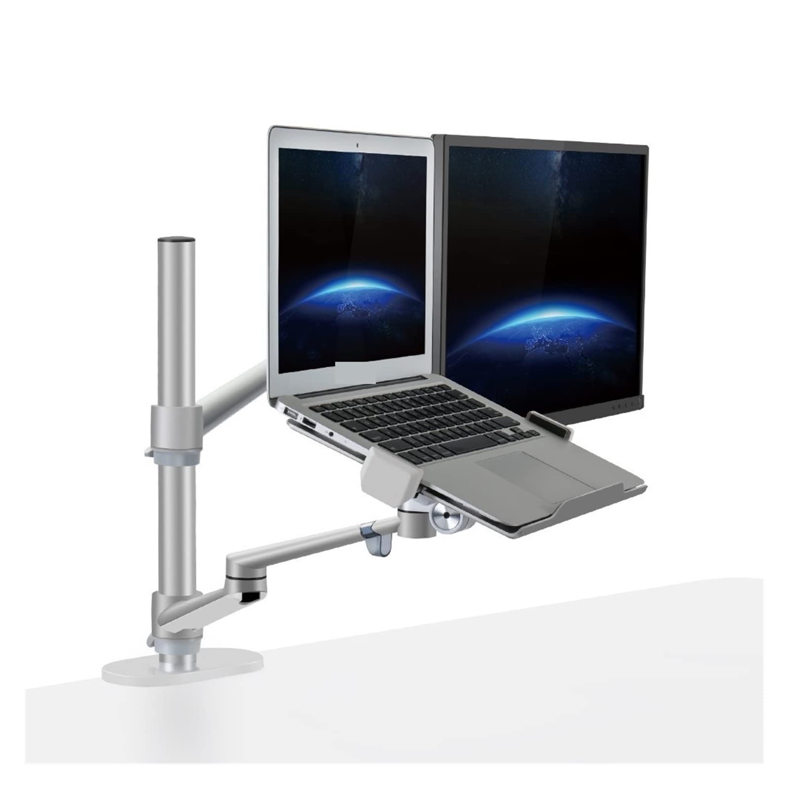 Soporte de Monitor Dual Escritorio 17-32 Pulgadas con Ajuste Altura Aluminio + Soporte for computadora portátil 12-17 Brazo Montaje Triple Movimiento Completo(Silver)