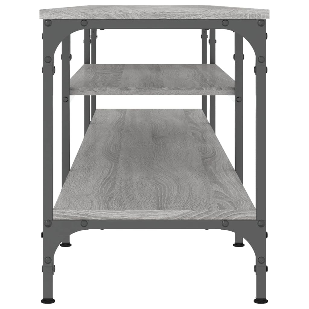 79-Inch Industrial TV Stand, Sonoma Gray Wood and Iron Console | This living room media center features open storage shelves and measures 79 x 14 x 18 inches.