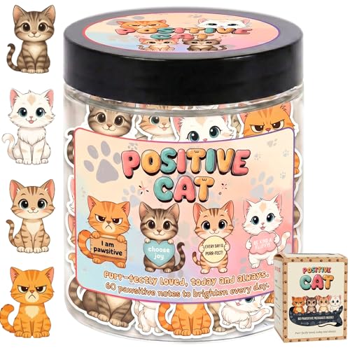 Positive Cat Jar with 60 Daily Affirmation Cards Emotional Support Gift Cute Kitty Decor Cat Themed Gifts for Women Inspirational Gifts for Cat Lovers