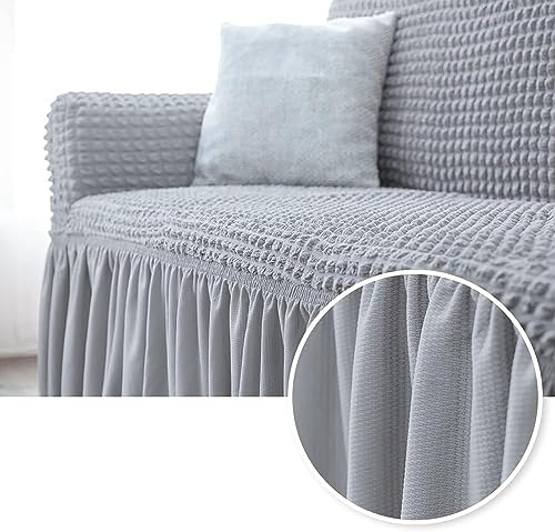 Image of House of Quirk Turkish Bubble Frill Five Seater 3 + 2 Sofa Slipcovers 280 GSM, Durable Washable Universal Triple Seater High Elastic Furniture Protector (Smoke)