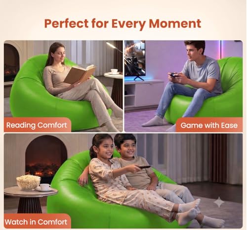 Image of Sattva Classic 4XL Bean Bag Chair with Beans Filled | Faux Leather Sofa Style Beanbags with Beans Filling | Filled Bin Bag Sofa for Adults & Kids | Beam Bag Seating for Home & Office - Neon Green