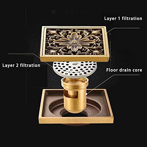 4 Inch Square Antique Brass Floor Drain with Removable Cover Waste Water Strainer for Bathroom, Kitchen, Veranda and Public Drain Area