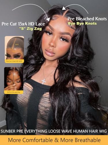 Image of Sunber 13x4 HD Lace Loose Wave Human Hair with Drawstring Wig Upgrade 3D Cap Bye Bye Knots Pre Cut13X4 Lace Front Put On and Go 3S Wear Glueless Wigs Pre Plucked Pre Bleached Invisible Knots 26Inch