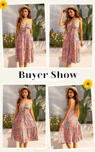 Image of Angashion Women's Dresses-Summer Floral Bohemian Spaghetti Strap Button Down Swing Midi Dress