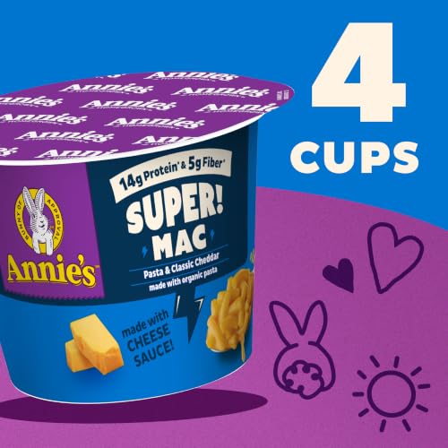 Image of Annie's Super! Mac Classic Cheddar Microwave Cups, 4ct, 11.44 oz | 15g Protein and 5g Fiber Per Serving, Organic Pasta, Microwave Ready in About 2 Minutes