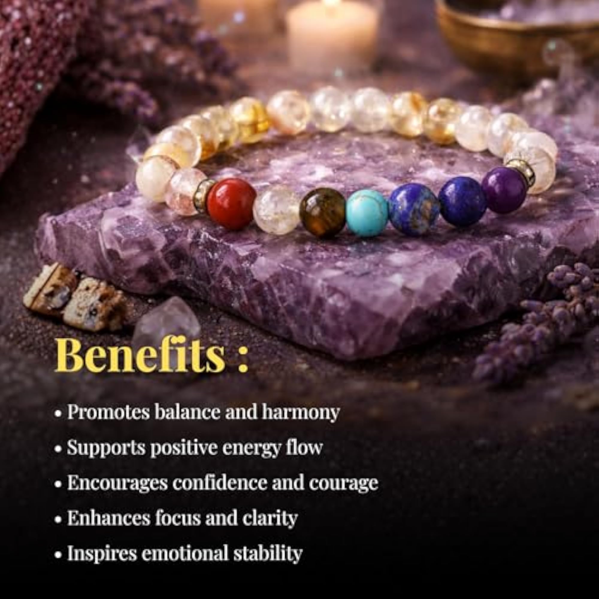 Seven Chakra Healing Crystal Bracelet with Amethyst, Lapis Lazuli, Tiger Eye