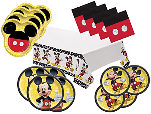 PMF Products Mickey Mouse Party Supplies Tableware Pack for 16 Guests - Includes 8 Shaped Dinner Plates, 8 Round Dinner Plates, 16 Dessert Plates, 16 Dinner Napkins, and 1 Tablecover, Bundle