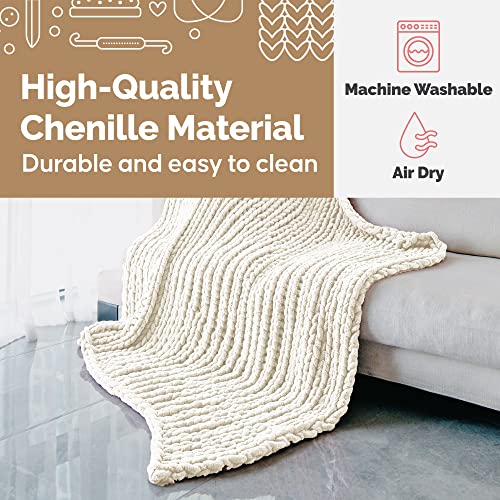Throwstyle Chunky Knit Blanket, Breathable Throw Blankets, Versatile Chenille Throw Blanket, Blankets For Couch, Bed And More, Handwoven Full Size Blanket, 50 X 60 Inches, Cream/Ivory - Luxesafe #TOP5