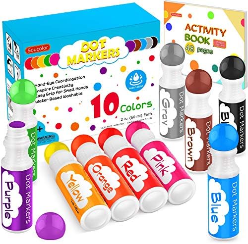 Washable Dot Markers for Toddlers Kids Preschool, 10 Colors 2 oz Kids Markers Set with 48 Pages Tearable Activity Book for Toddler Arts and Crafts Kits Supplies, Non-Toxic Water-Based Paint Dauber