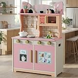 Wooden Play Kitchen Set for Kids Ages 3-8, Cat Design Pretend Playset with Microwave, Stove, Sink & Faucet, Clicking Knobs, Icemaker Stickers, Storage, Learning Toy for Toddlers Boys Girls, Pink