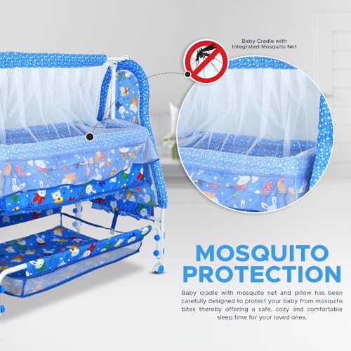 Image of BUBBLEBABY Baby Cradle | Jhula | Baggi | Palna | Ghodiyu | Ventilated | with Swing & Mosquito Net | 0-12 Months | Four Wheels with Brake | Storage | Polypropylene | Safe & Sturdy | Foldable | Blue