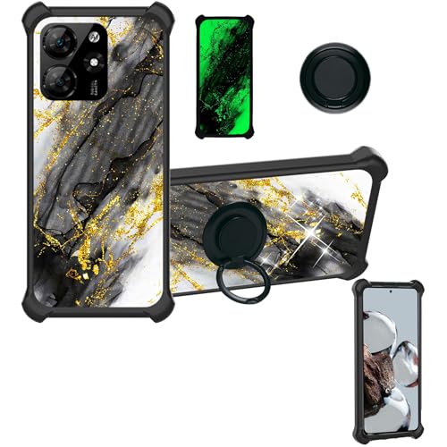Kinetijy Case Compatible for Hisense Y82 Pro Phone Case Cover [with 1* Tempered Glass Screen Protector][Hard PC + Soft Silicone][Ring Support] [Gold Glitter+Luminous] JSH-HDL
