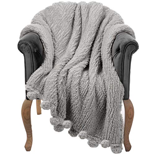 Throw Blanket for Couch - 60x80, Grey with Pom Poms - Fuzzy, Fluffy, Plush, Soft, Cozy, Warm Fleece Cover - Perfect for Bed, Sofa