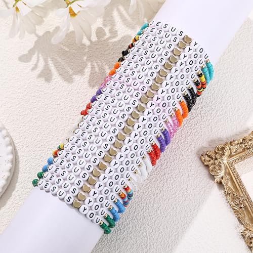 Taouzi 24Pcs 𝐉𝐞𝐬𝐮𝐬 𝐋𝐨𝐯𝐞𝐬 𝐘𝐨𝐮 Bracelets Bulk Handmade Clay Beads 𝐁𝐢𝐛𝐥𝐞 𝐕𝐞𝐫𝐬𝐞 Bracelets Christian Friendship Jewelry Xmas Gifts for Women3