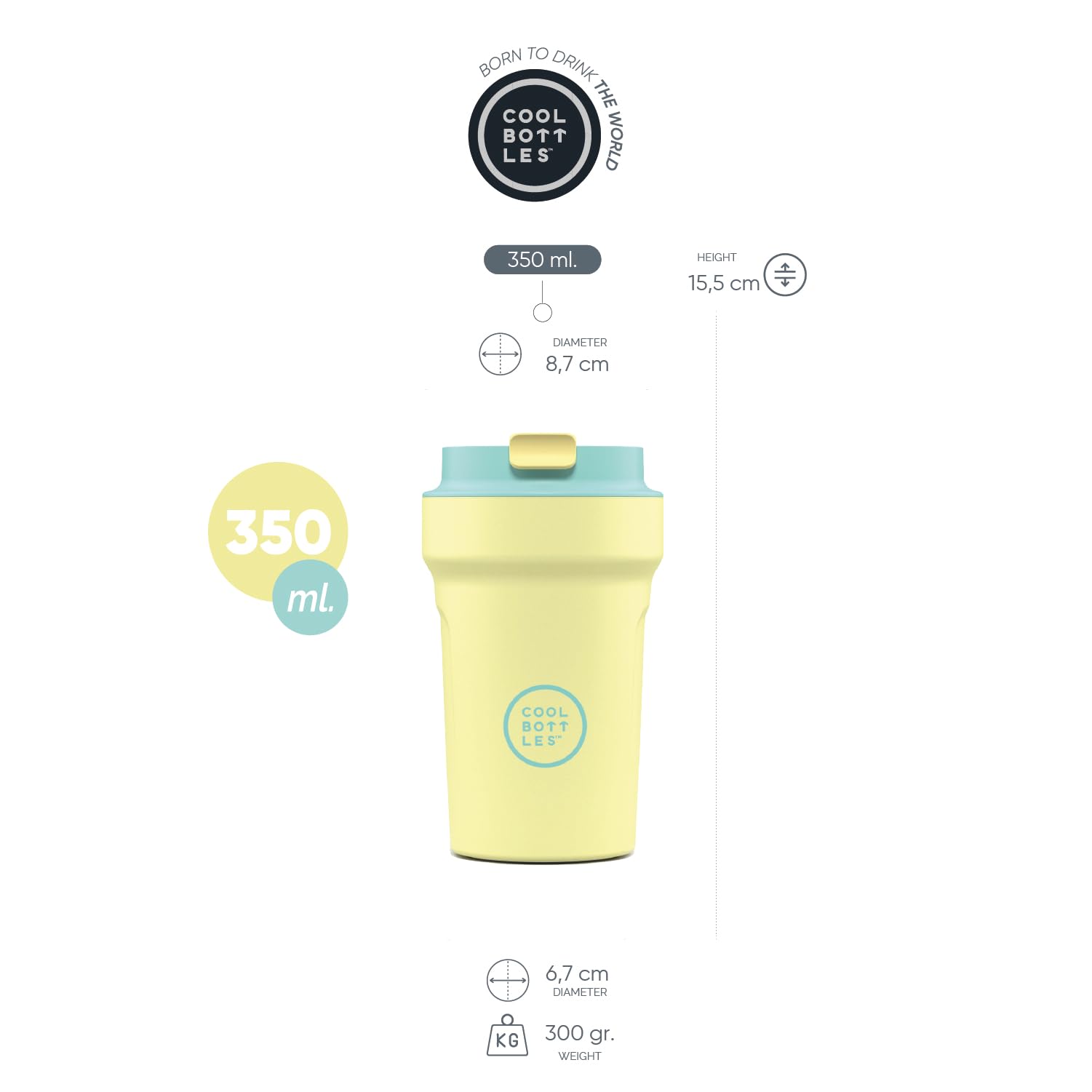 Cool Bottles - Paradise Tumbler - Vaso Térmico de Acero Inoxidable - 350 ml - Creta - Amarillo y Turquesa - Tapa Hermética - Bebidas frías 10 horas y calientes 5 horas - Acabado Antimanchas