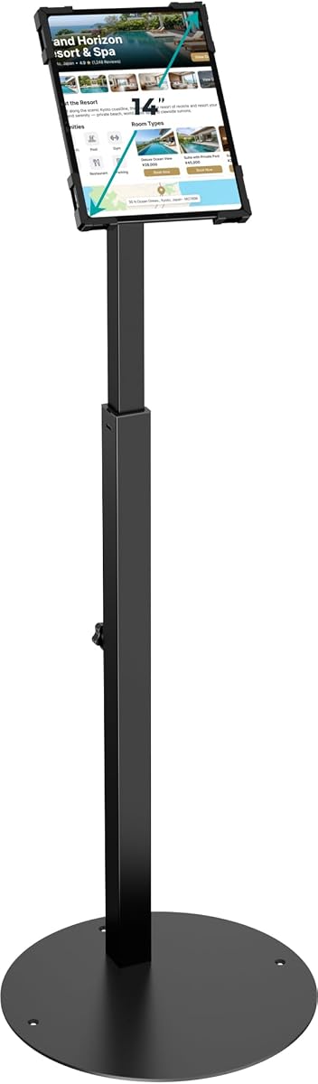 Anti-Theft iPad Kiosk Stand, Adjustable Tablet Floor Stand for POS Checkout | Security Display Mount for Business Retail, Fits 10-14" iPad Pro 12.9 11 10.9, Galaxy Tab & Surface Pro, 360° Rotating Base