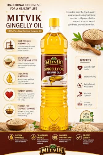 Image of MITVIK 100% Pure Cold Pressed Sesame /Gingelly Oil | Traditional Cold Pressed Sesame Oil | Unrefined & Naturally Filtered | No Chemicals or Preservatives | Rich Aroma for Everyday Cooking. (500 ml)