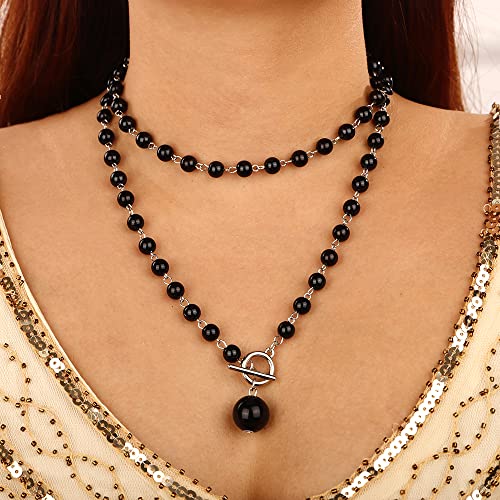 Wiwpar Dainty Layered Black Pearl Pendant Necklace Baroque Long Pearl Ot Clasp Fashion Retro Charm Choker Necklace And Earrings Set For Women Girls Halloween Jewelry (Black) #TOP18