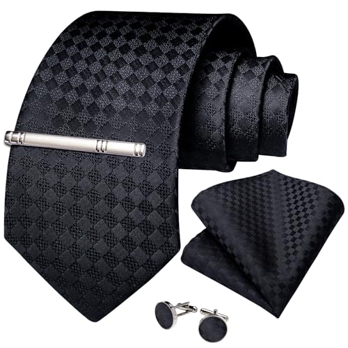 Image of DiBanGu Mens Silk Plaid Tie and Pocket Square Set | Elegant Silk Formal Tie Set, Woven Check Necktie and Cufflinks Tie Clip Set, Perfect for Wedding Party, Comes in Gift Box