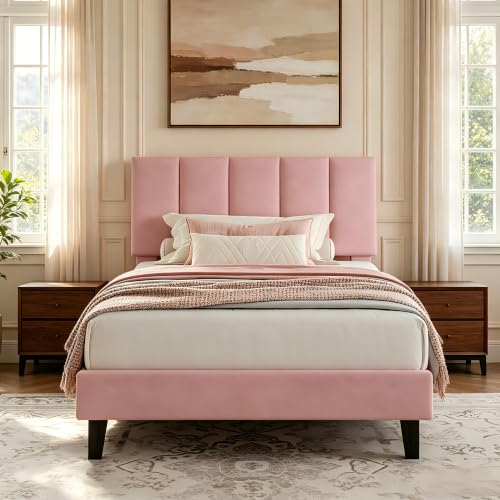 Garvee Twin Size Bed Frame with Upholstered Headboard for Kids, Pink Garvee Twin Size Bed Frame with Upholstered Headboard for Kids, Pink - Image 1