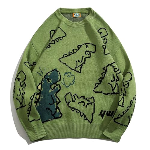 Pull tricoté hip hop streetwear hommes vert XXL col rond vintage motif dinosaure couple