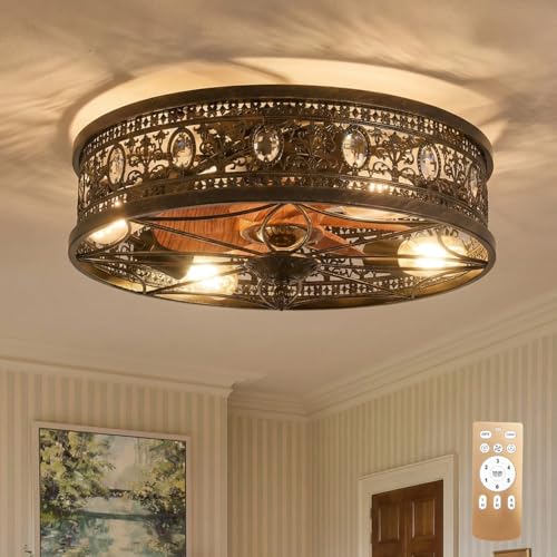 YOLEDY Ventilatore da Soffitto con Luce e Telecomando, Plafoniera Vintage Industriale 45cm con Motore DC Silenzioso, Reversibile, Lampadario a Gabbia E27 per Camera da Letto e Soffitti Bassi