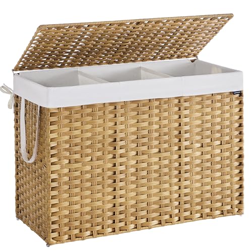 SONGMICS Laundry Hamper with Lid, 52.8 Gallon (200 L) Synthetic Rattan Clothes Laundry Basket with Lid and Handles, Foldable, Removable Liner, Goose Yellow ULCB320Y01