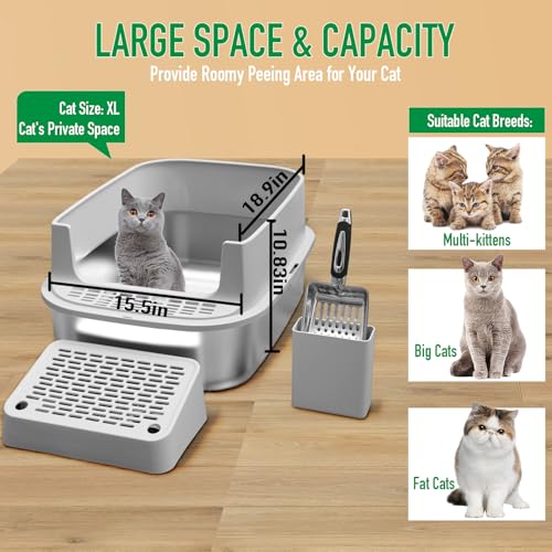 Image of Stainless Steel Cat Litter with Lid, XL Extra Large Enclosed Cat Litter Box for Big Cats, High Sides Metal Litter Box, Anti Leakage,Odor-Free & Easy Cleaning,Include Scoop & Foot Board