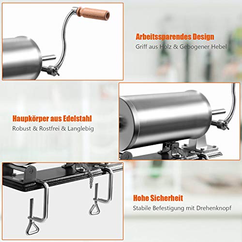 Foto von GOPLUS Wurstfüller aus Edelstahl, Wurstfüllmaschine Wurstmaschine Manuell, Wurstpress mit 4 verschiedene Füllrohre, Wurstspritze mit Befestigungsclip, Einfache Bedienung & leicht zu reinigen (3 KG)