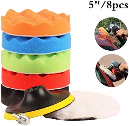 Cxtiy Car Polishing Waxing Buffing Pads Kits 8PCS, Polishing Pads Sets 5"/ 6"/ 7" with Sponge ＆ Woolen + M14 Drill Adapter Kit for Car Polisher (5")