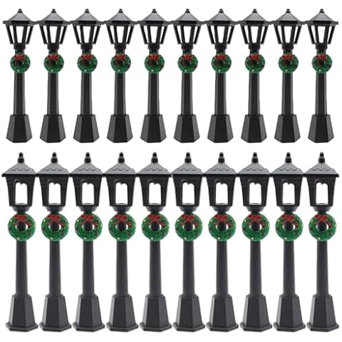 Christmas Lamp Post Village Accessories, 20 Pcs Lantern Posts Decorative Mini Street Lights, Miniature Street Lamp Posts for DIY Dollhouse Christmas Village Display (Wreath Style, 20) Cover
