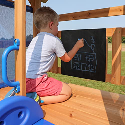 Backyard Discovery Bay Pointe All Cedar Wooden Swing Set, Large Upper Deck With Canopy, Sandbox, Rock Wall, Slide, Two Swings, Chalkboard #TOP5