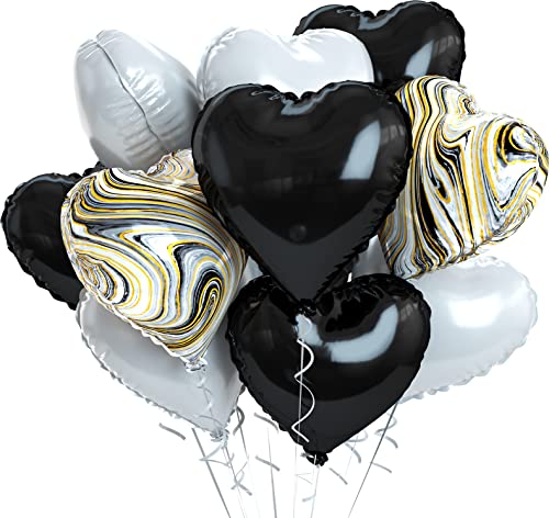 Image of Black White Foil Heart Balloons, 10PCS Black White Agate Heart Shape Balloons, Valentines Balloons 18inch Black Foil Balloon for Helium Valentine Decorations for Wedding, Baby Shower, Anniversary