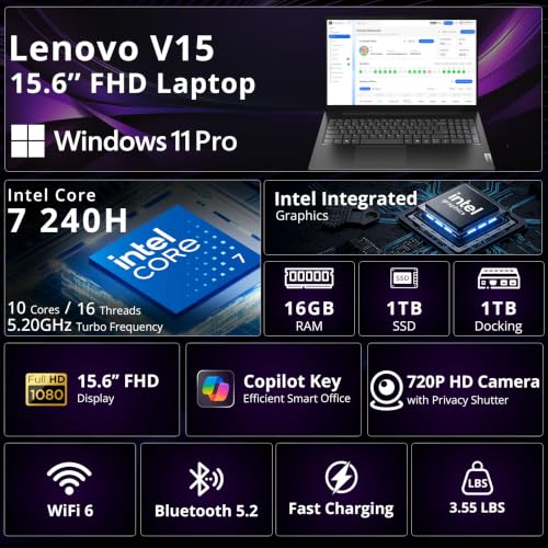 Image of Lenovo V15 Gen 5 15.6 inch FHD Business Laptop, Intel Core 7 240H, Intel Graphics, 16GB DDR5, 2TB Storage(1TB SSD+1TB Docking Station Set), Numeric Keypad, 720p HD Camera, Wi-Fi 6, Windows 11 Pro, Black