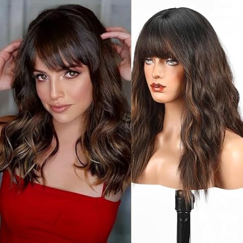 WOKESTAR Long Wavy Wig with Fringe Cover