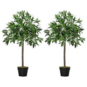 Outsunny Artificial Bay Laurel Topiary Trees w/Pot Fake, Set Of 2 90cm/3FT Indoor Outdoor Greenery Plant Home Office Garden Decor Green