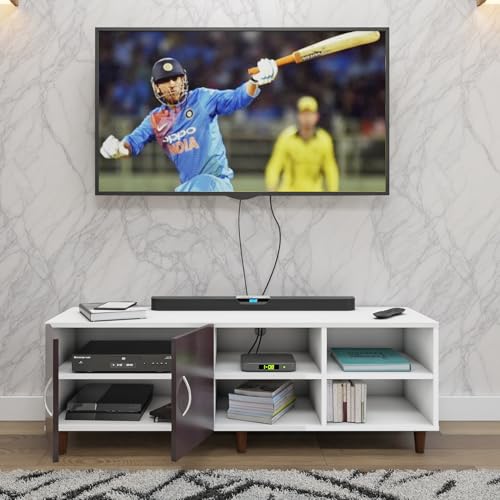 Image of VIKI Modern TV Unit for Living Room | Engineered Wood TV Cabinet with 2 Door Storage & 2 Open Shelves, Entertainment Unit, 140W x 48H x 40D cm | DIY | 1 Year Warranty (White & Wenge)