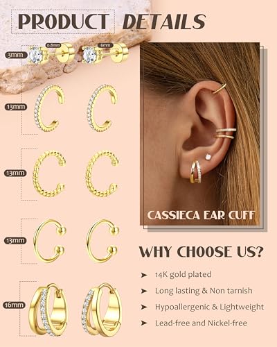 CASSIECA Small Ear Cuffs Earrings for Women - Hypoallergenic 14K Gold Earrings Stack Sets for Sensitive Ears Dainty Stud Hoop Earring Clip on Cartilage Tragus Helix Earings Set Trendy Jewelry 5 Pairs3